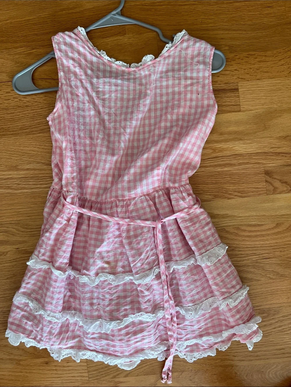 Vintage Girls Pink Gingham Tiered Lace Dress size 7/8